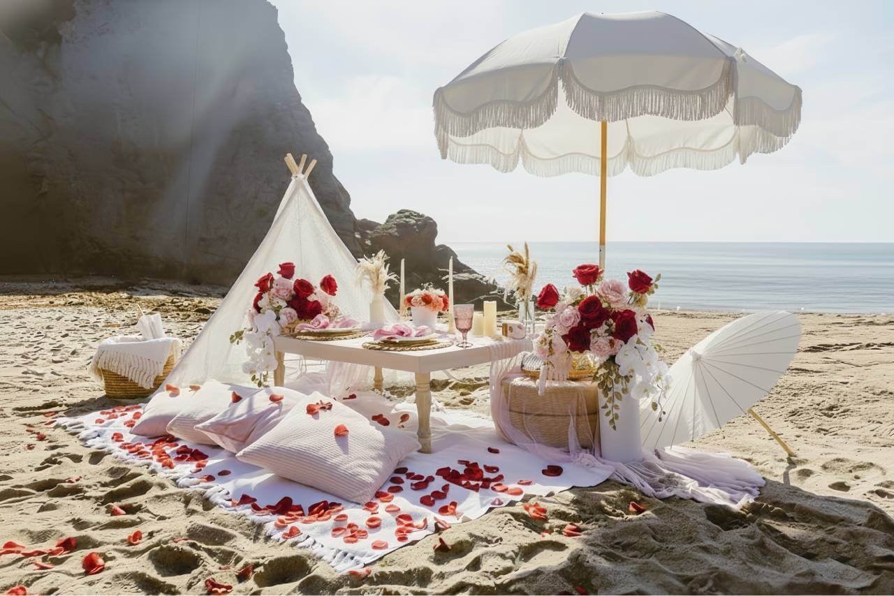 Romantic intimate beach proposal picnic setup with tent umbrella and red roses in West Palm Beach, Florida — The Love Pics