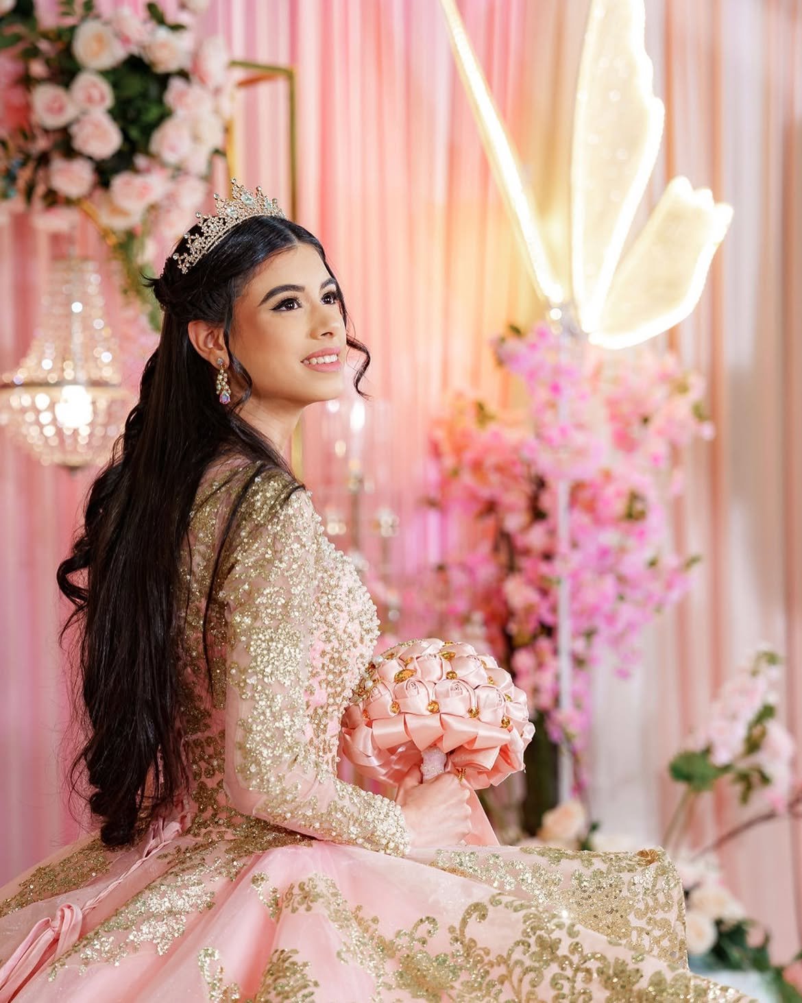 Sweet 16 in pink and gold gown with tiara — Sweet Sixteen photography in West Palm Beach