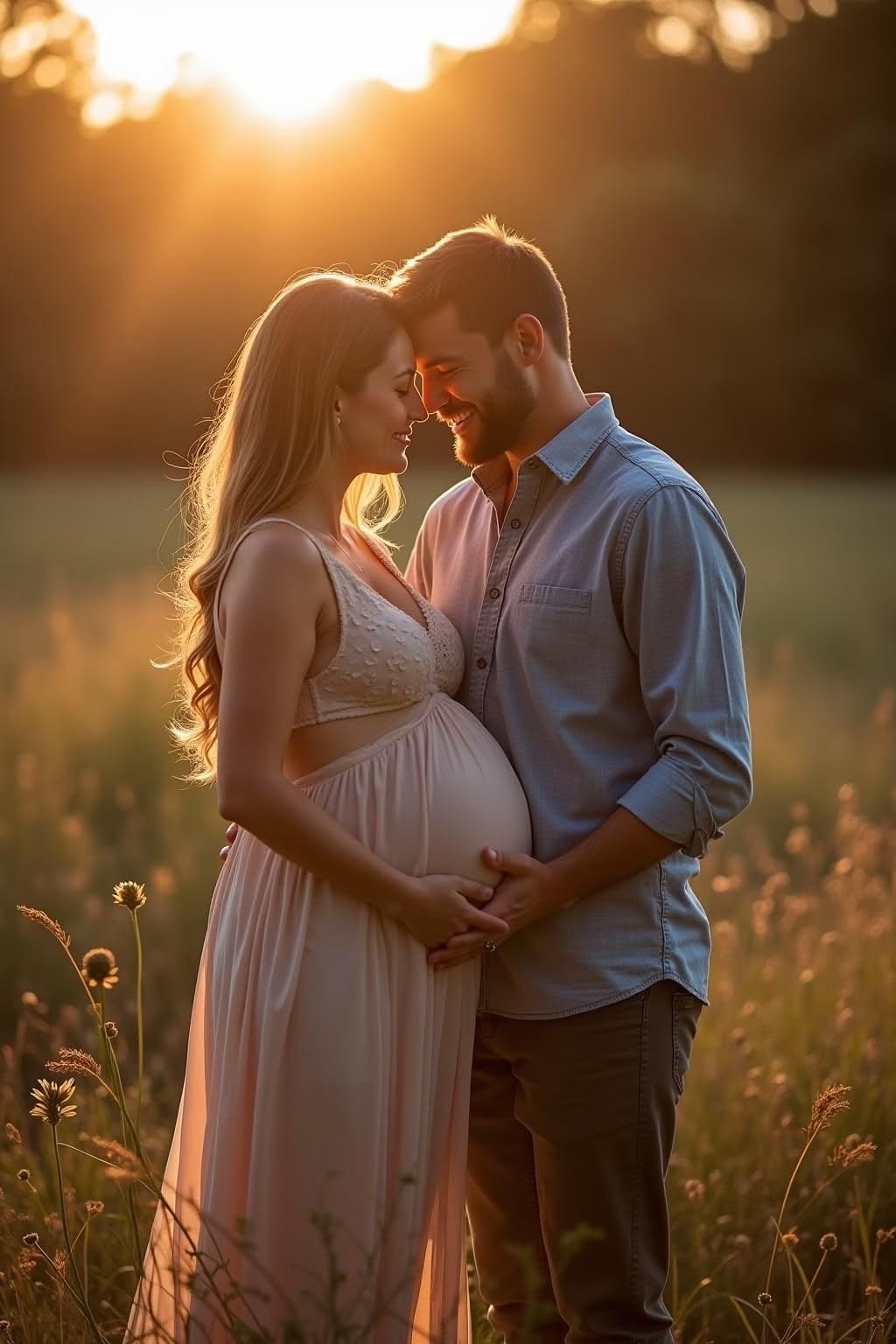 Mother-to-be photographed in a sunlit field during a maternity session
