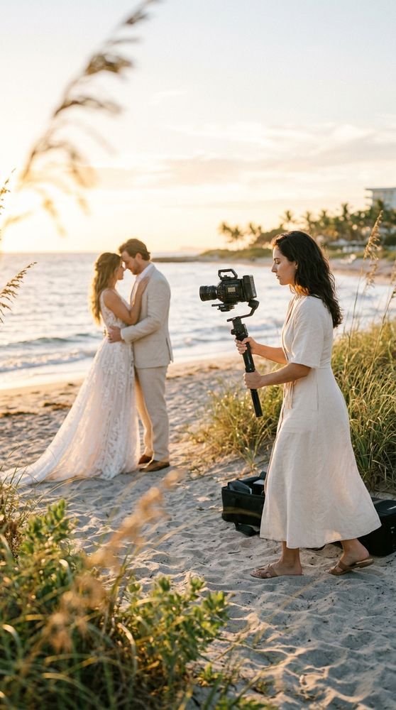 Fotógrafo grabando a una pareja en la playa al atardecer