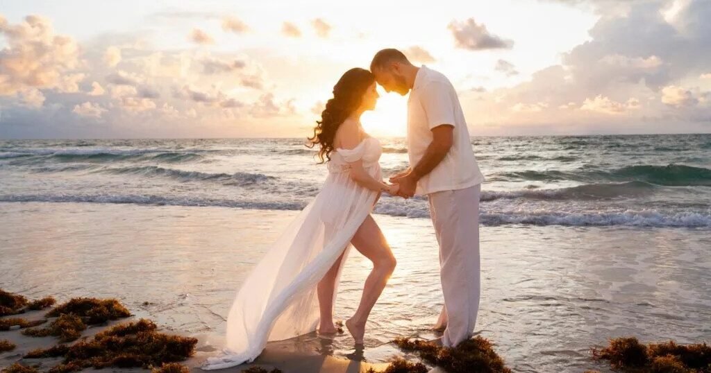 Beach maternity photos at golden hour in South Florida