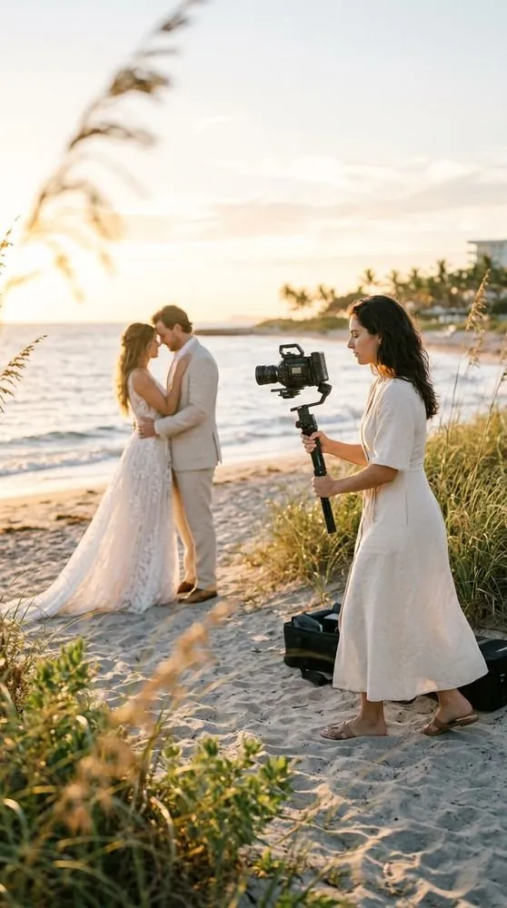 Behind the scenes photographer filming a couple on the beach at golden hour
