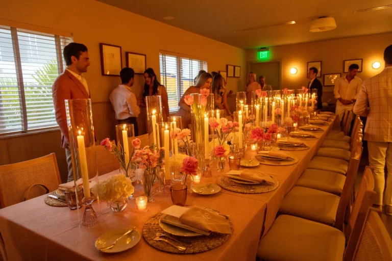 Invitados en recepción de eventos con mesa decorada con velas altas y flores rosas