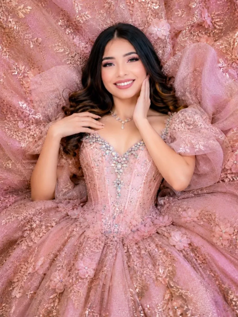 Quinceañera con vestido rosa bordado — retrato de XV años en West Palm Beach